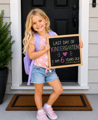 A girl holding a last day of kindergarten sign